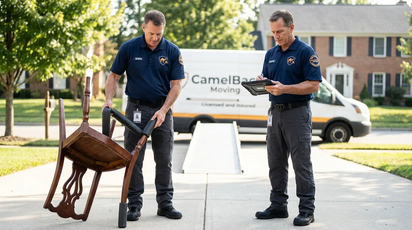 Movers inspecting furniture for damage prevention before loading in Deerfield Beach, FL