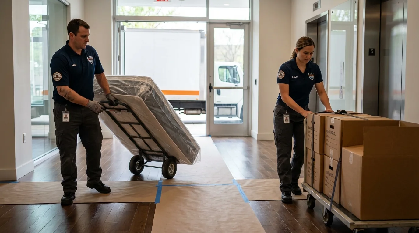 Professional apartment movers loading elevator in Deerfield Beach, FL