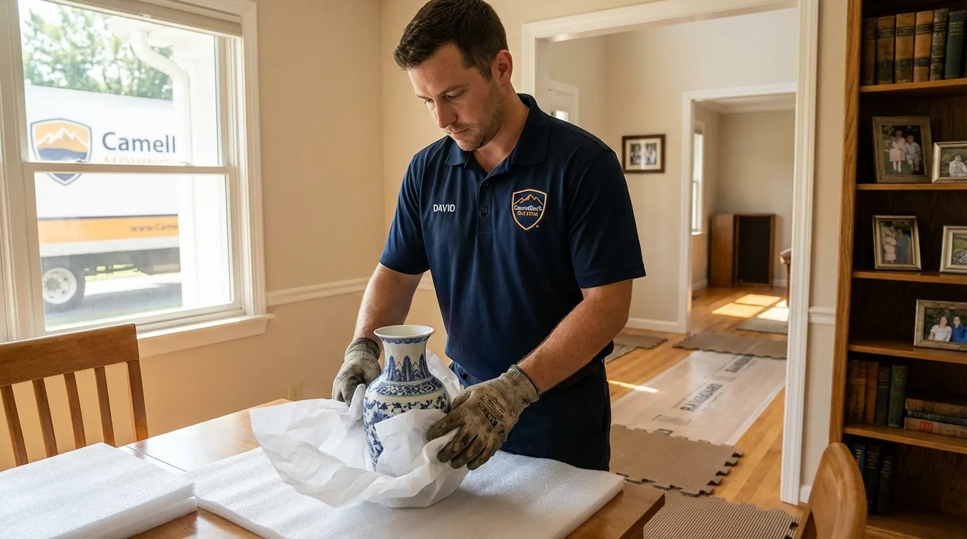 Professional crew carefully wrapping antique vase for senior downsizing move in Deerfield Beach, FL